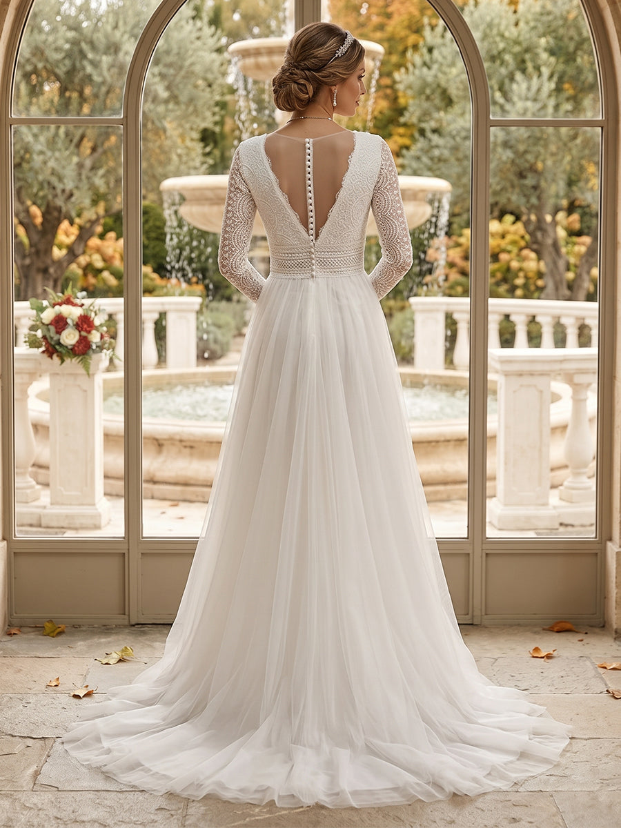A-Line/Princess V-Neck Long Sleeves Lace Wedding Dresses