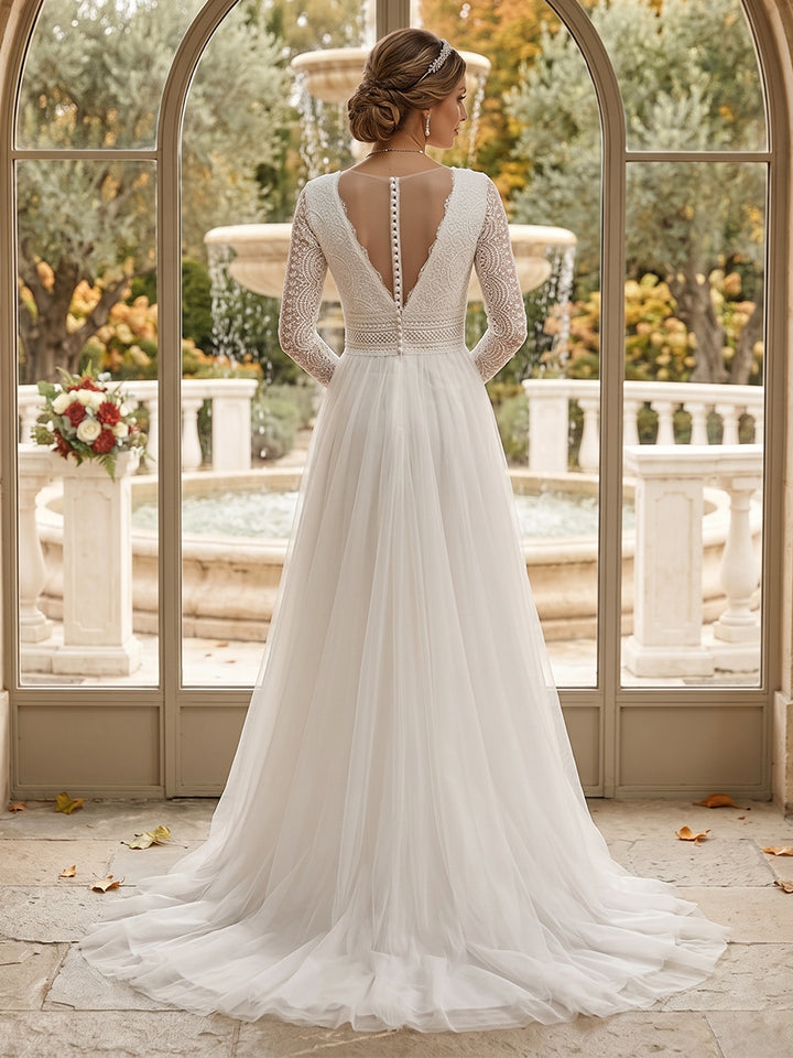 A-Line/Princess V-Neck Long Sleeves Lace Wedding Dresses