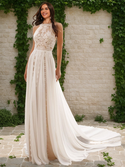 A-Line/Princess Halter Sleeveless Ruched Wedding Dresses