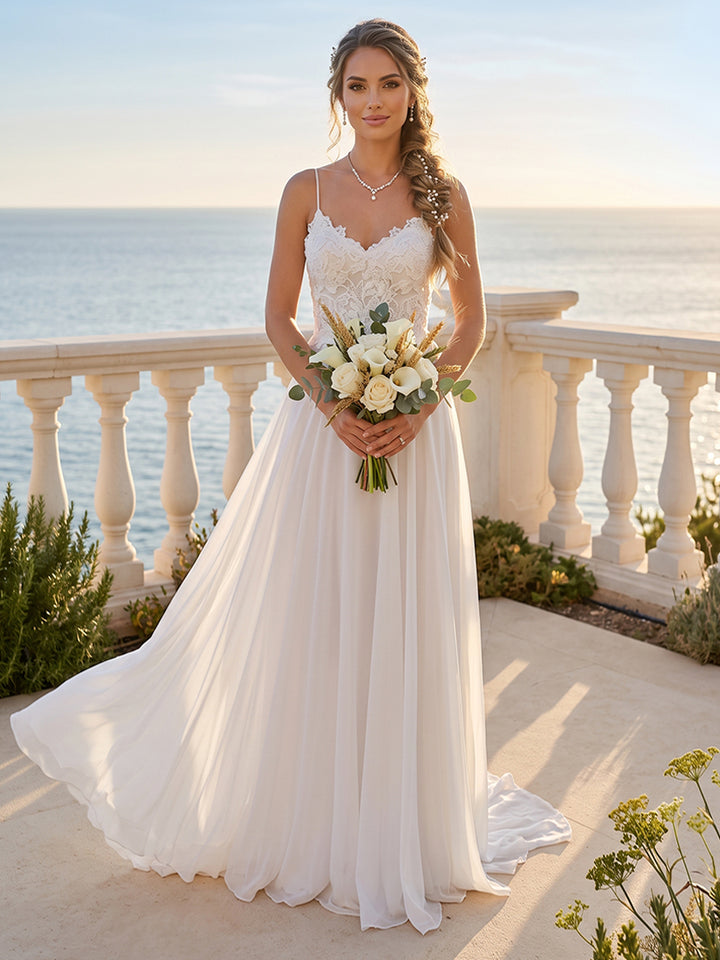 A-Line/Princess V-Neck Sleeveless Lace Wedding Dresses