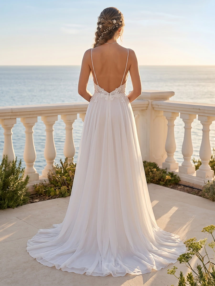 A-Line/Princess V-Neck Sleeveless Lace Wedding Dresses