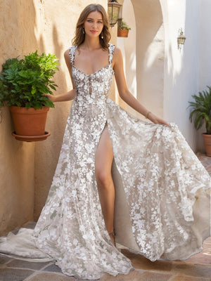 A-Line/Princess V-Neck Sleeveless Appliques Wedding Dresses