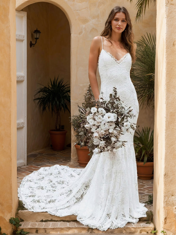 Trumpet/Mermaid V-Neck Sleeveless Ruched Lace Wedding Dresses