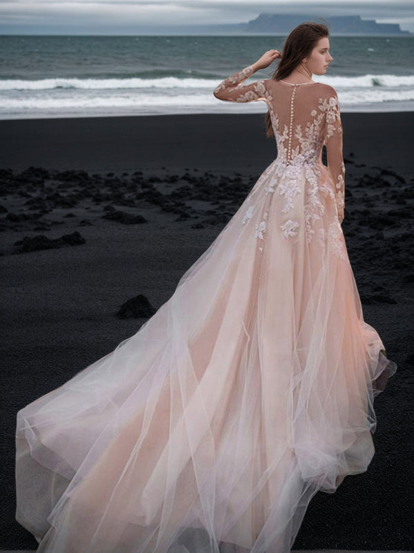 A-Line/Princess Scoop Long Sleeves Applique Wedding Dresses