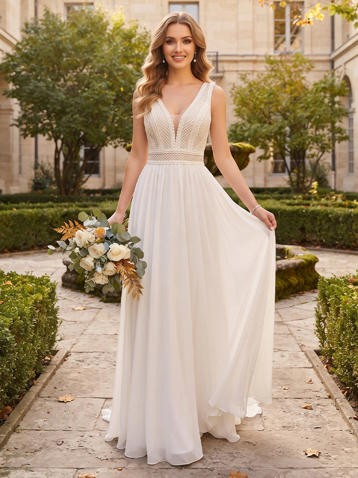 A-Line/Princess V-Neck Sleeveless Lace Wedding Dresses