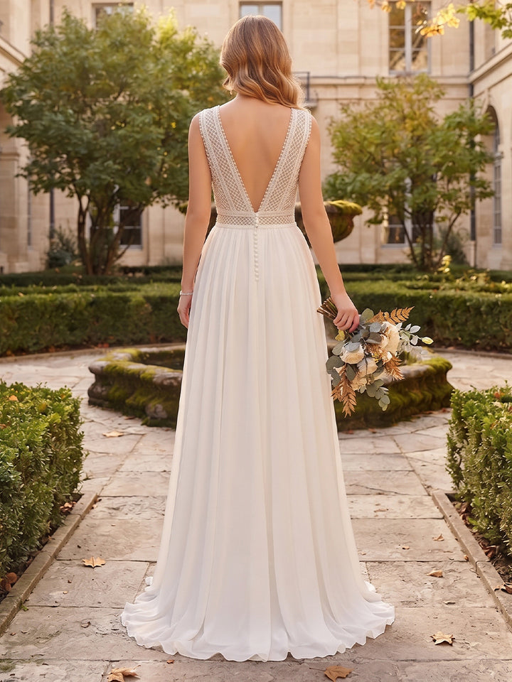 A-Line/Princess V-Neck Sleeveless Lace Wedding Dresses