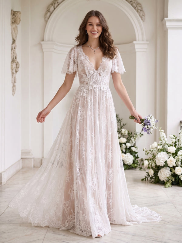 A-Line/Princess V-Neck Short Sleeves Ruched Wedding Dresses