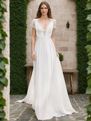 A-Line/Princess V-Neck Short Sleeves Lace Wedding Dresses