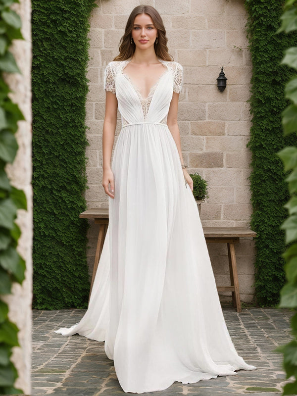 A-Line/Princess V-Neck Short Sleeves Lace Wedding Dresses