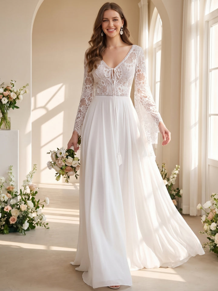 A-Line/Princess V-Neck Flare Sleeves Lace Wedding Dresses
