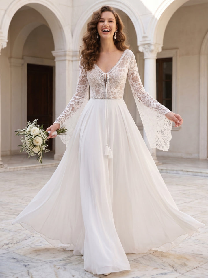 A-Line/Princess V-Neck Flare Sleeves Lace Wedding Dresses
