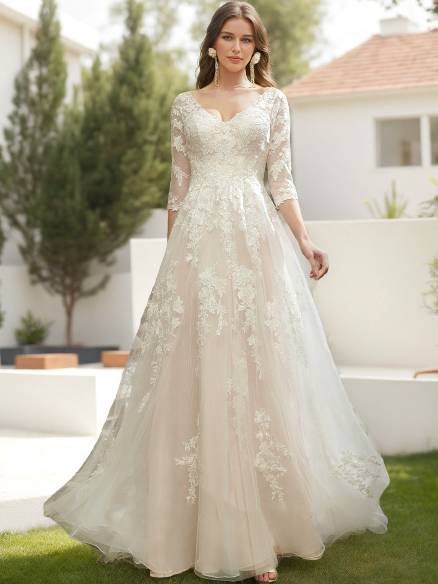 Ivory Wedding Dresses Elegant Women's Appliques A-Line V-Neck 3/4 Sleeves Floor-Length Tiered Tulle Wedding Party Bridal Ball Gowns