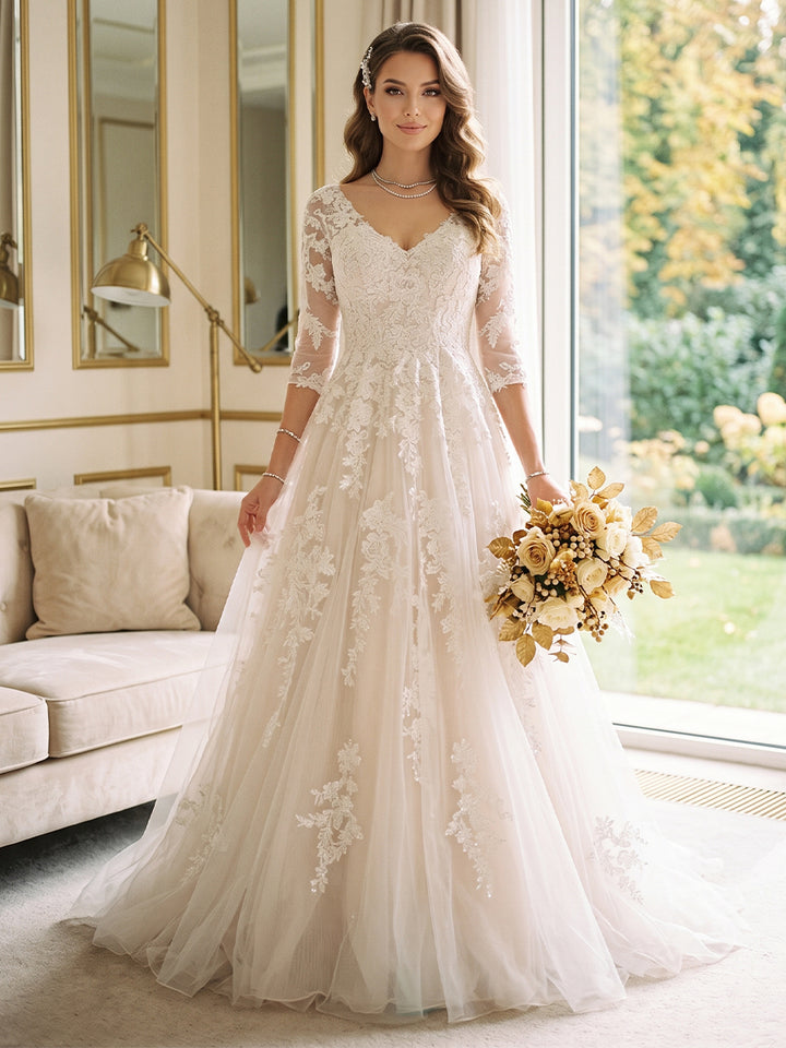 A-Line/Princess V-Neck 3/4 Sleeves Lace Wedding Dresses