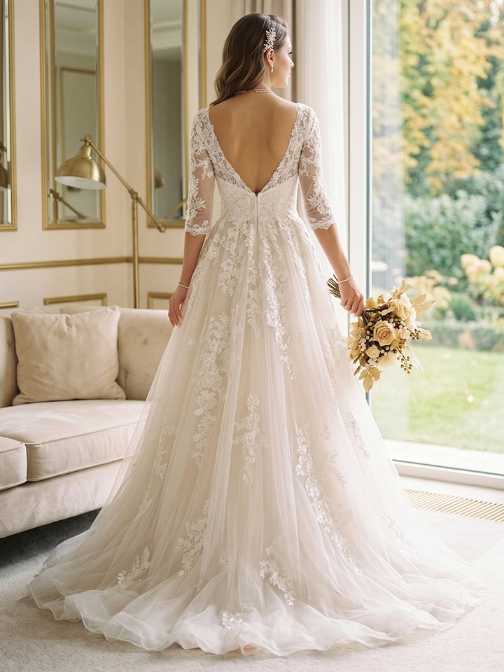 A-Line/Princess V-Neck 3/4 Sleeves Lace Wedding Dresses