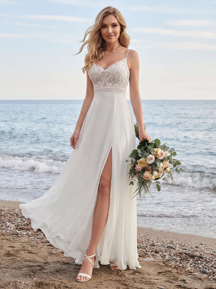 A-Line/Princess V-Neck Sleeveless Split Side Wedding Dresses