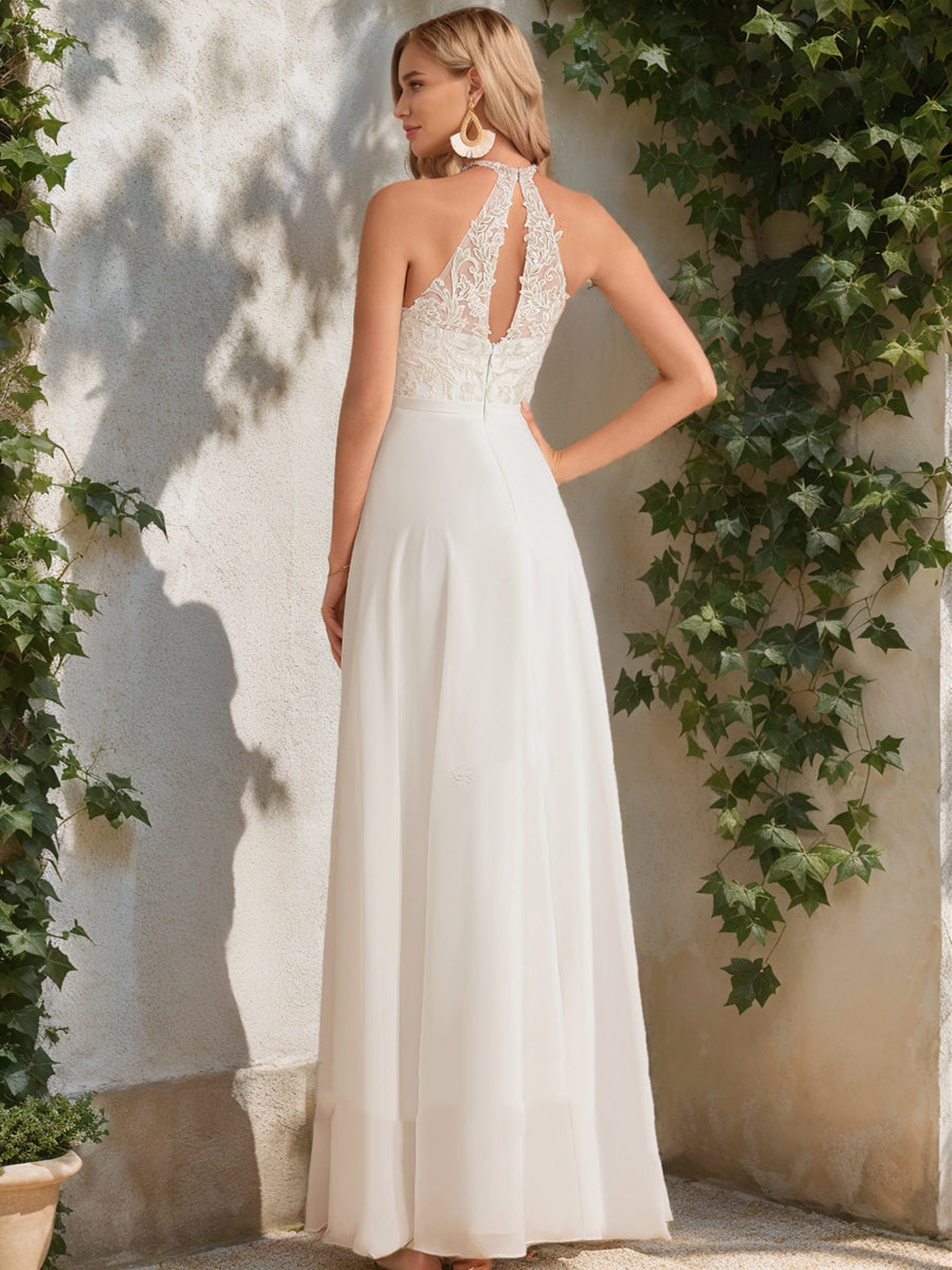 Ivory Bridal Wedding Gowns Chiffon for Women A-Line High Neck Sleeveless Floor-Length Stylish Bridal Gowns with Appliques