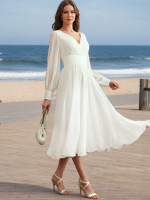A-Line/Princess V-Neck Long Sleeves Ruffles Wedding Dresses