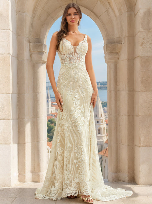 trumpet mermaid v neck wedding dress Vestra Custom-Made Mermaid V-neck Neckline Wedding Dress
