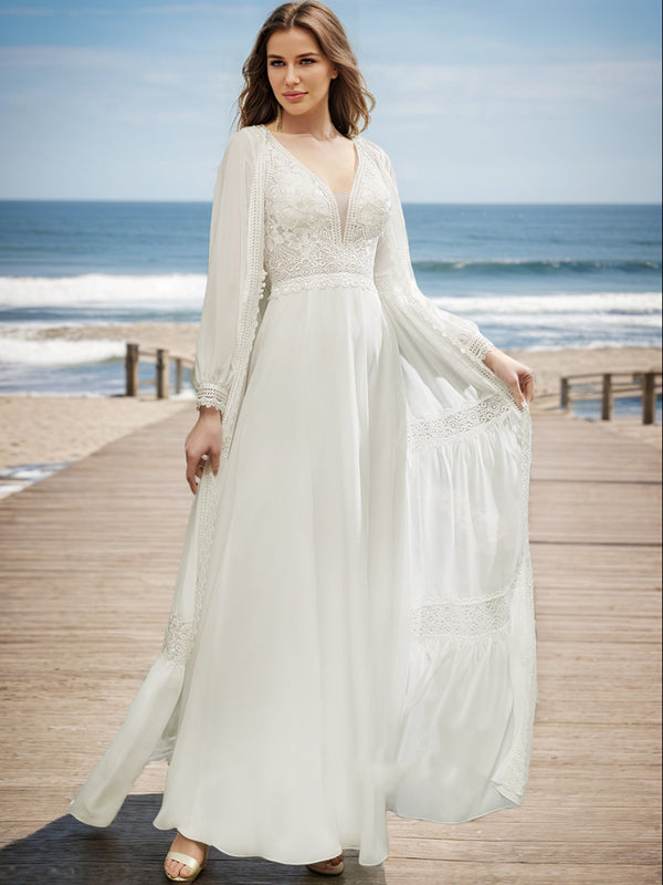 A-Line/Princess V-Neck Long Sleeves Lace Wedding Dresses
