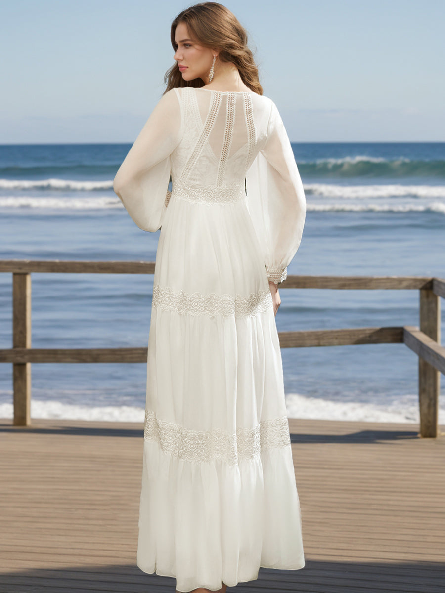 A-Line/Princess V-Neck Long Sleeves Lace Wedding Dresses