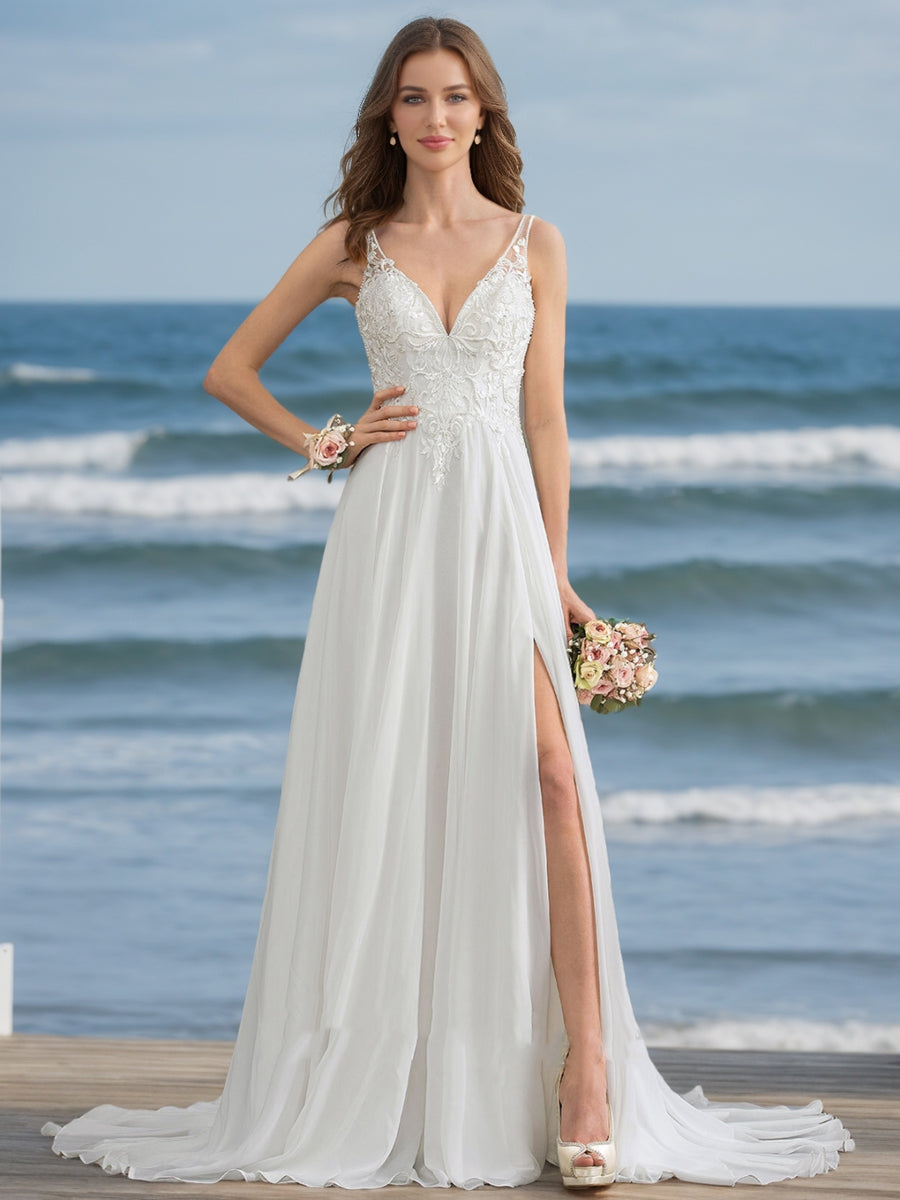 A-Line/Princess V-Neck Sleeveless Beading Wedding Dresses – Lavetir