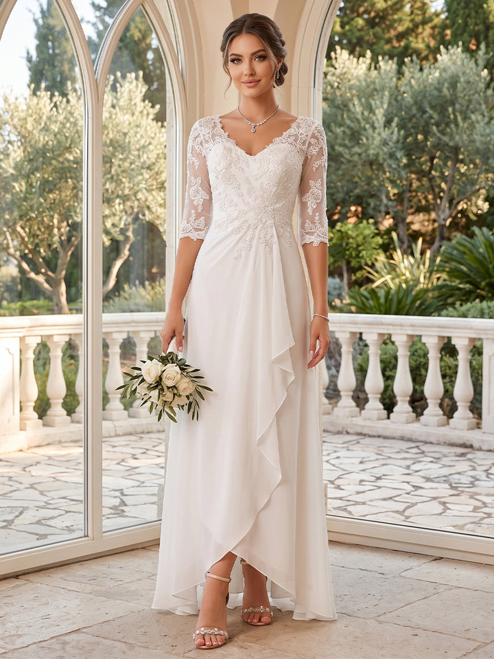 A-Line/Princess V-Neck Half Sleeves Lace Wedding Dresses