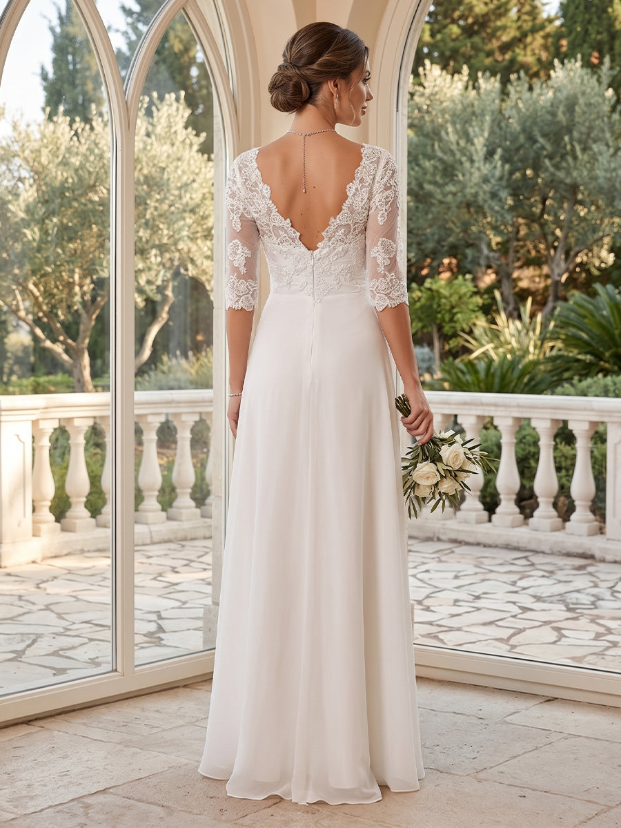 A-Line/Princess V-Neck Half Sleeves Lace Wedding Dresses