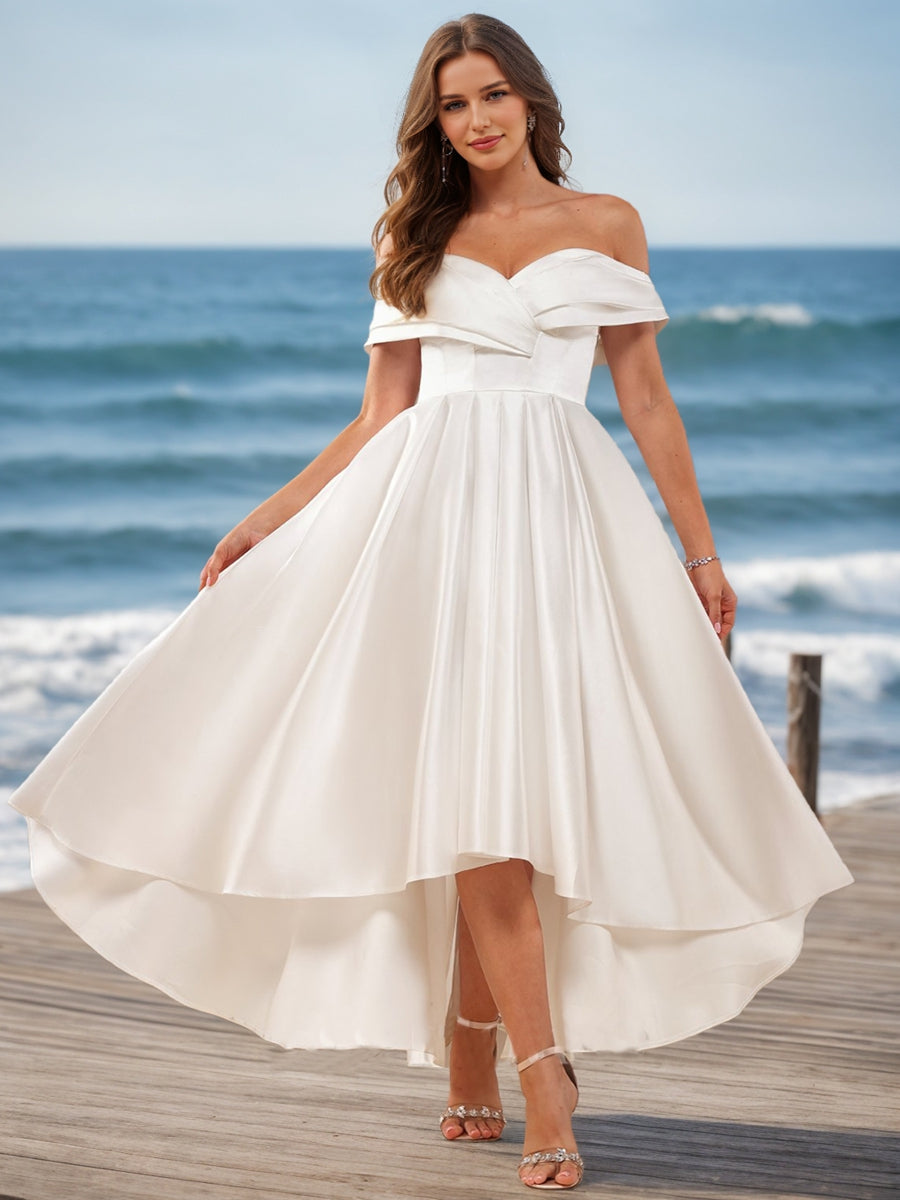 Off-the-Shoulder Wedding Dresses 2026 Women's Elegant Ball Gown Short Sleeves Asymmetrical Ivory Satin Bridal Ball Gowns with Ruched