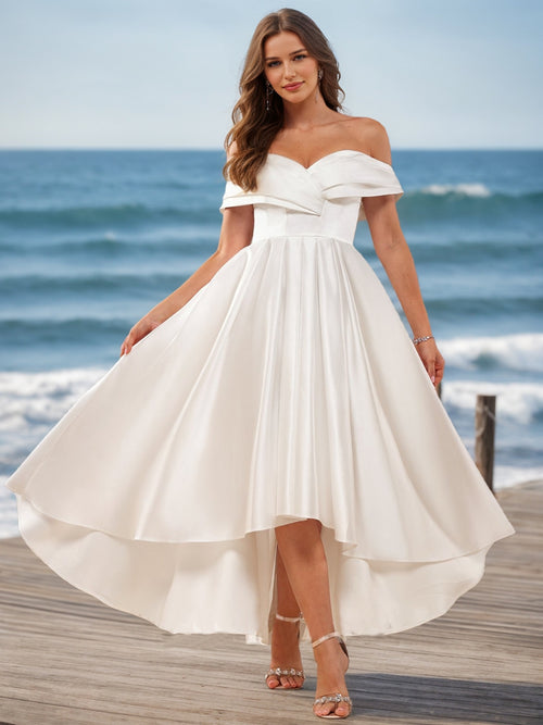 A-Line/Princess Off-the-Shoulder Short Sleeves Bow knot Wedding Dresses