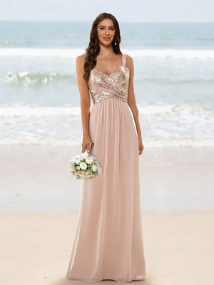 A-Line/Princess V-Neck Sleeveless Sequins Bridesmaid Dresses
