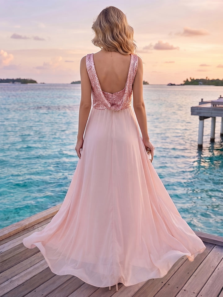A-Line/Princess V-Neck Sleeveless Sequins Bridesmaid Dresses