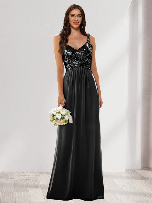 A-Line/Princess V-Neck Sleeveless Sequins Bridesmaid Dresses
