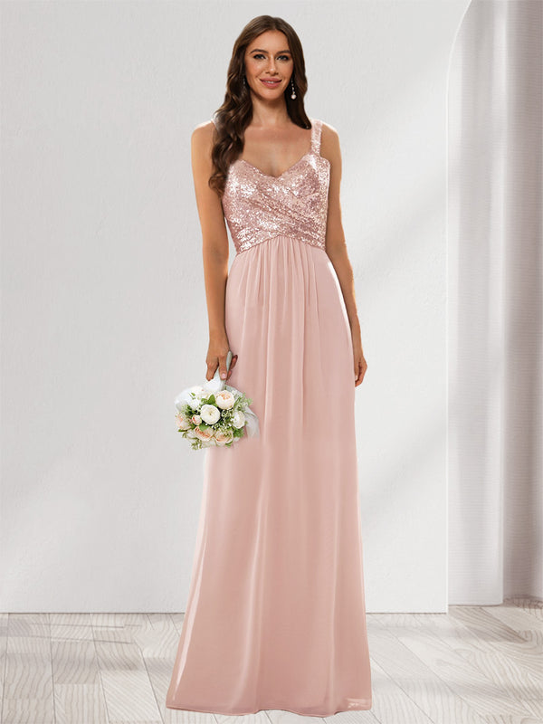 A-Line/Princess V-Neck Sleeveless Sequins Bridesmaid Dresses