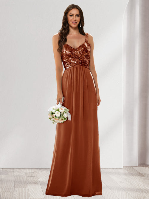 A-Line/Princess V-Neck Sleeveless Sequins Bridesmaid Dresses