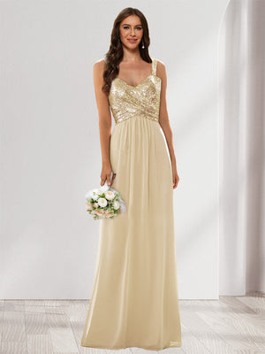 A-Line/Princess V-Neck Sleeveless Sequins Bridesmaid Dresses