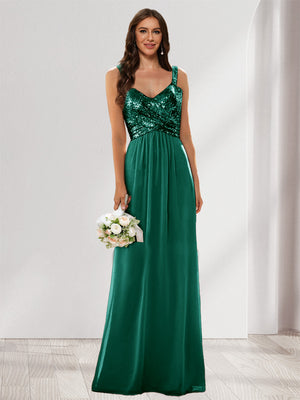 A-Line/Princess V-Neck Sleeveless Sequins Bridesmaid Dresses