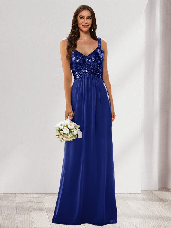 A-Line/Princess V-Neck Sleeveless Sequins Bridesmaid Dresses