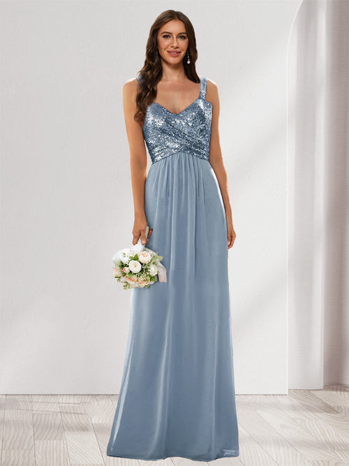 A-Line/Princess V-Neck Sleeveless Sequins Bridesmaid Dresses