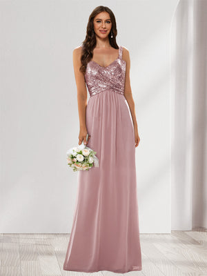 A-Line/Princess V-Neck Sleeveless Sequins Bridesmaid Dresses