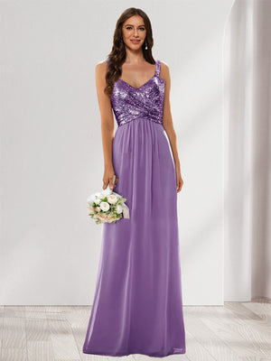A-Line/Princess V-Neck Sleeveless Sequins Bridesmaid Dresses