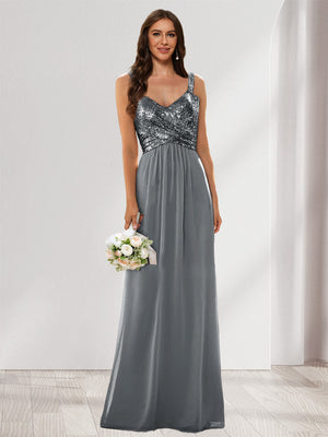 A-Line/Princess V-Neck Sleeveless Sequins Bridesmaid Dresses