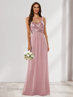 A-Line/Princess V-Neck Sleeveless Sequins Bridesmaid Dresses