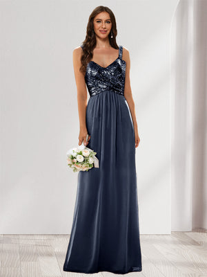 A-Line/Princess V-Neck Sleeveless Sequins Bridesmaid Dresses