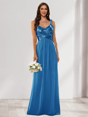 A-Line/Princess V-Neck Sleeveless Sequins Bridesmaid Dresses
