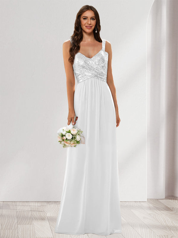 A-Line/Princess V-Neck Sleeveless Sequins Bridesmaid Dresses