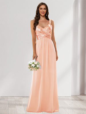 A-Line/Princess V-Neck Sleeveless Sequins Bridesmaid Dresses