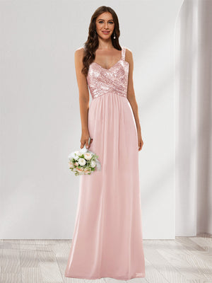 A-Line/Princess V-Neck Sleeveless Sequins Bridesmaid Dresses