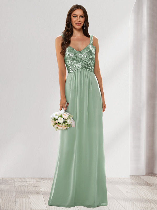 A-Line/Princess V-Neck Sleeveless Sequins Bridesmaid Dresses