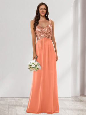 A-Line/Princess V-Neck Sleeveless Sequins Bridesmaid Dresses