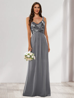 A-Line/Princess V-Neck Sleeveless Sequins Bridesmaid Dresses